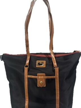 Dooney & Bourke Black Wayfarer Tote with Brown Trim and Red Zip